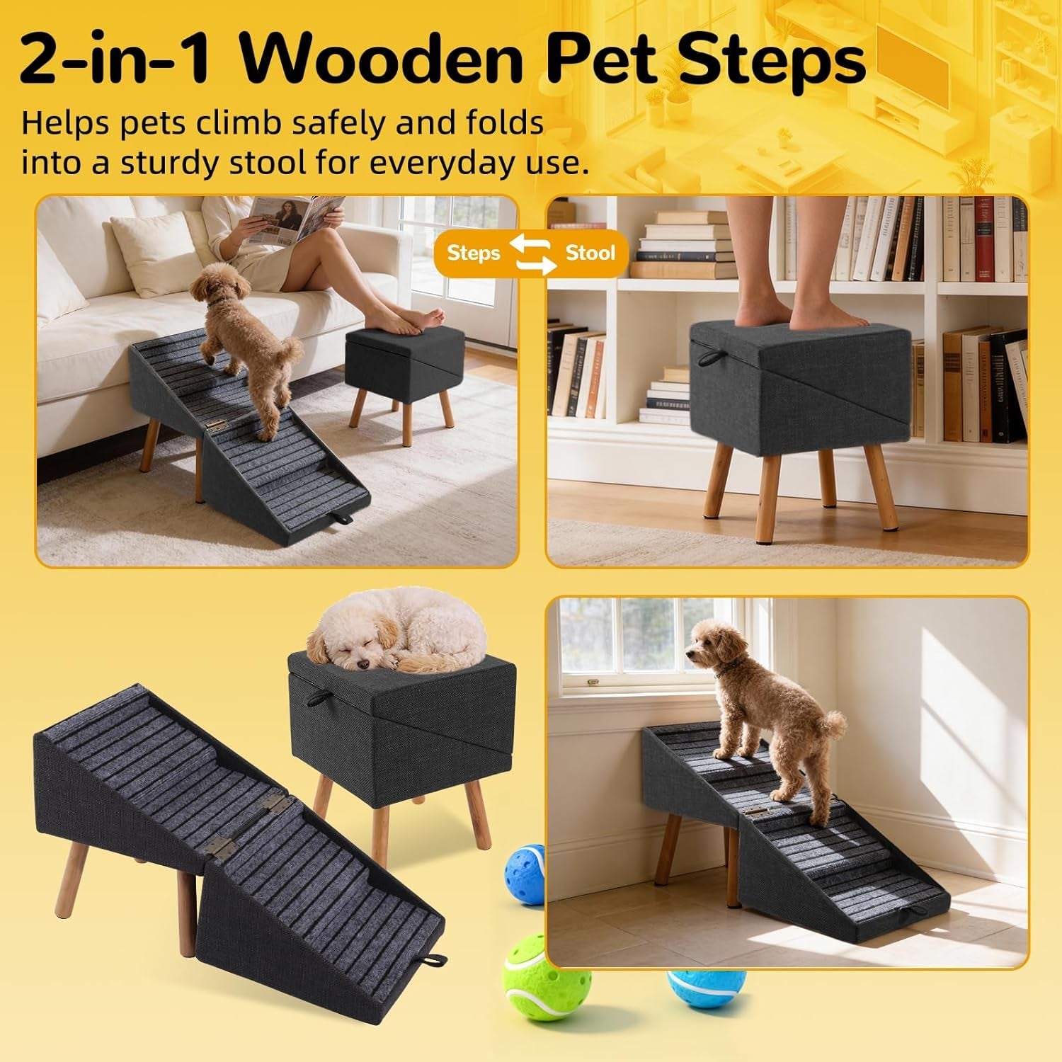 Dog Stairs for Couch 2 in 1 Foldable Pet Steps Ottoman Non Slip