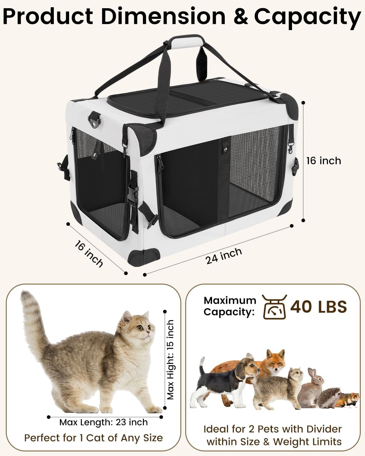 Large Cat Carrier for 2 Cats Soft Sided Travel Crate Up to 55lbs