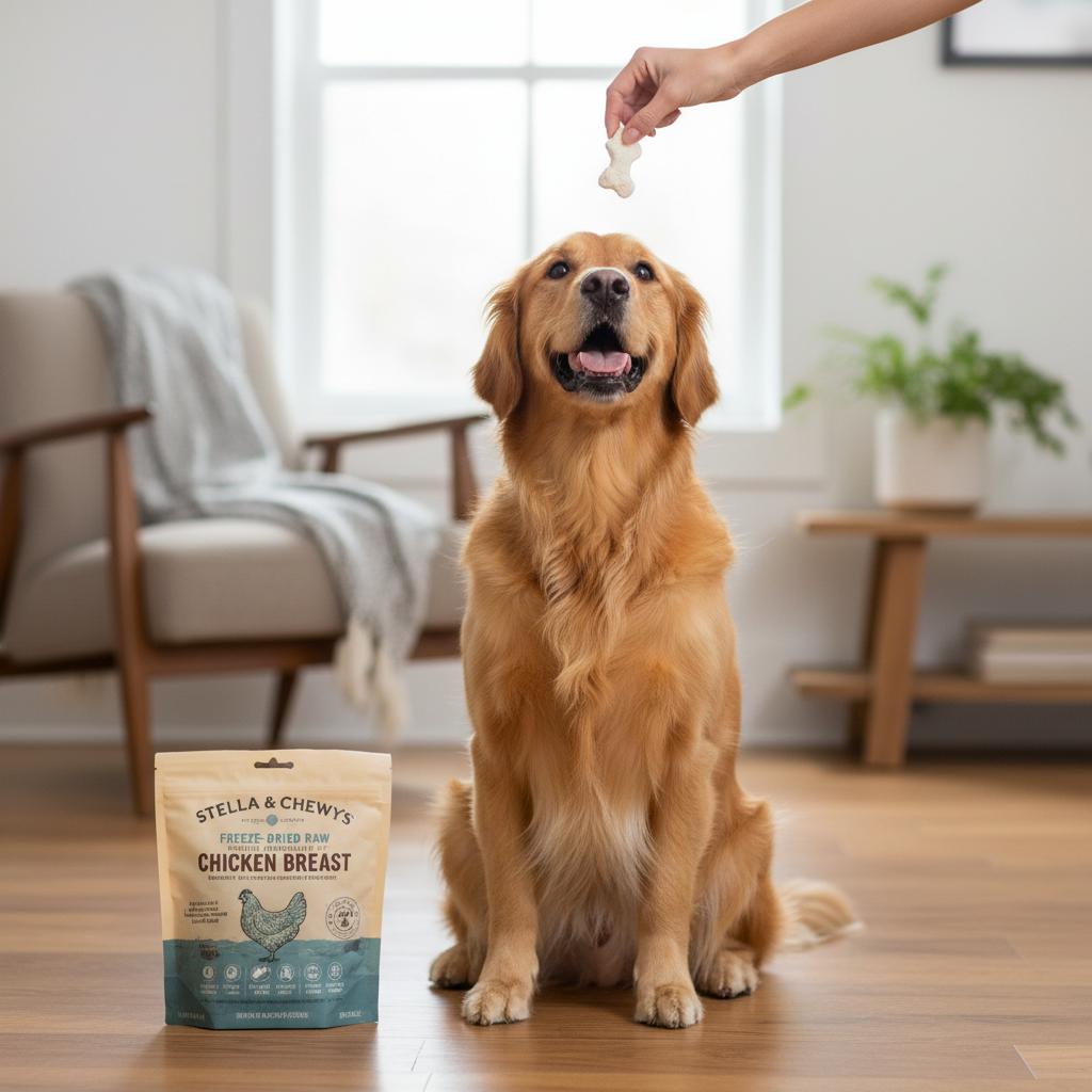 Happy golden retriever eagerly eyeing a Stella & Chewy's freeze-dried chicken breast treat
