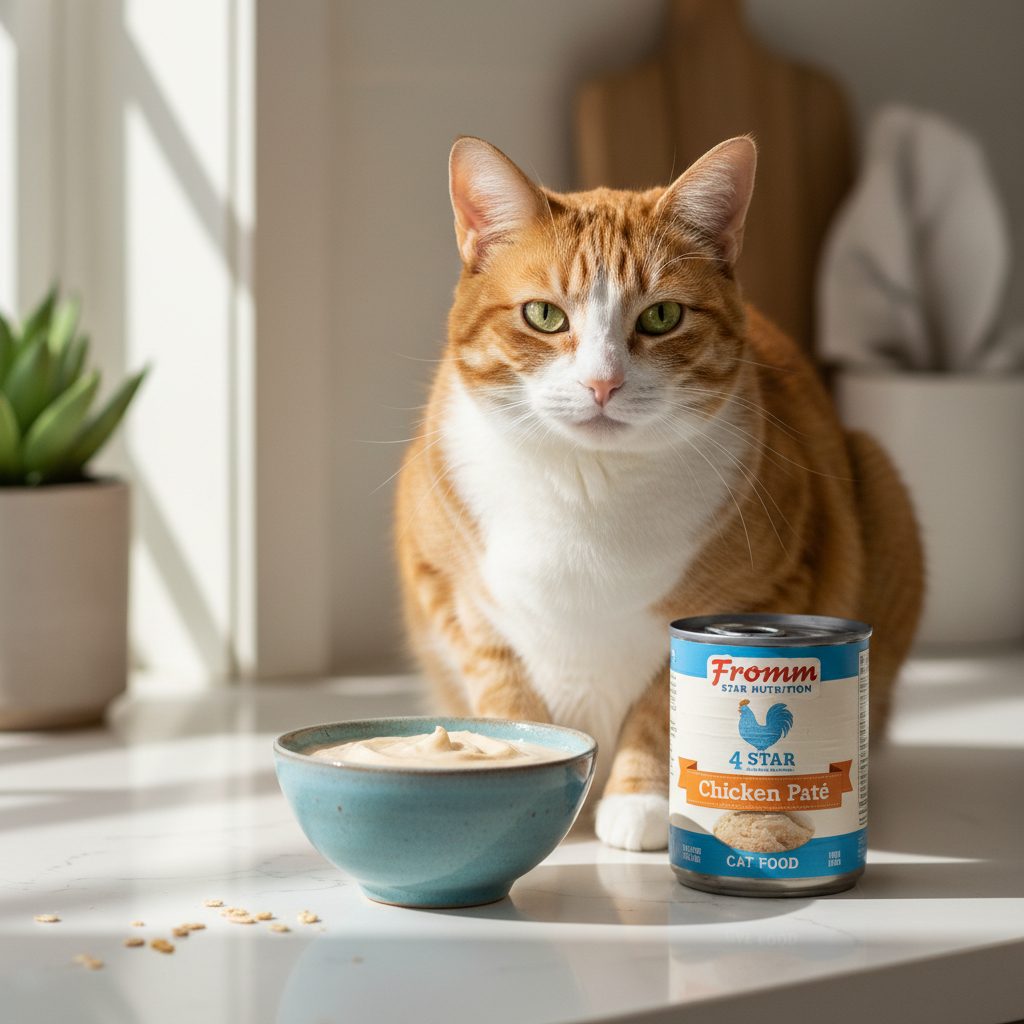 Content tabby cat sitting next to a bowl of Fromm chicken pate wet cat food